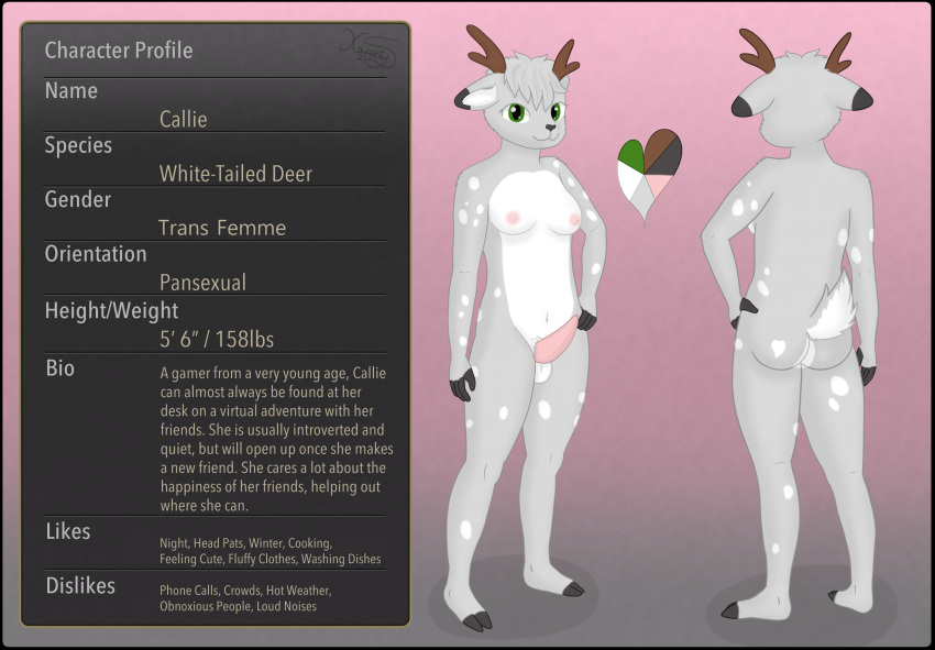 animal_genitalia anthro antlers ass balls breasts callie_(calaifur) deer erection fur genitals green_eyes gynomorph hair hi_res horn intersex mammal markings model_sheet nipples penis short_hair small_breasts small_tail solo spots spotted_markings tail white_body white_fur xemkiy