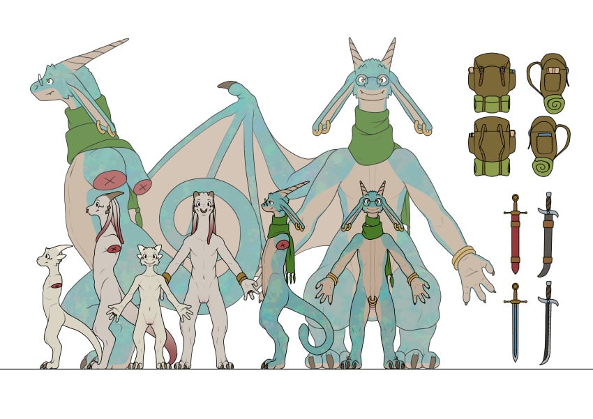 absurd_res anthro backpack blue_body blue_scales cape clothing dragon dragonborn_(dnd) dungeons_and_dragons eri_dalin eyewear female feral glasses group hasbro hi_res horn jewelry kobold lapal long_ears melee_weapon mostly_nude mythological_creature mythological_scalie mythology nude nude_anthro nude_female piercing pseudo_hair scales scalie scarf scarf_only siffo sword tentacle tentacle_hair the_gentle_giant trio weapon white_body white_scales wizards_of_the_coast