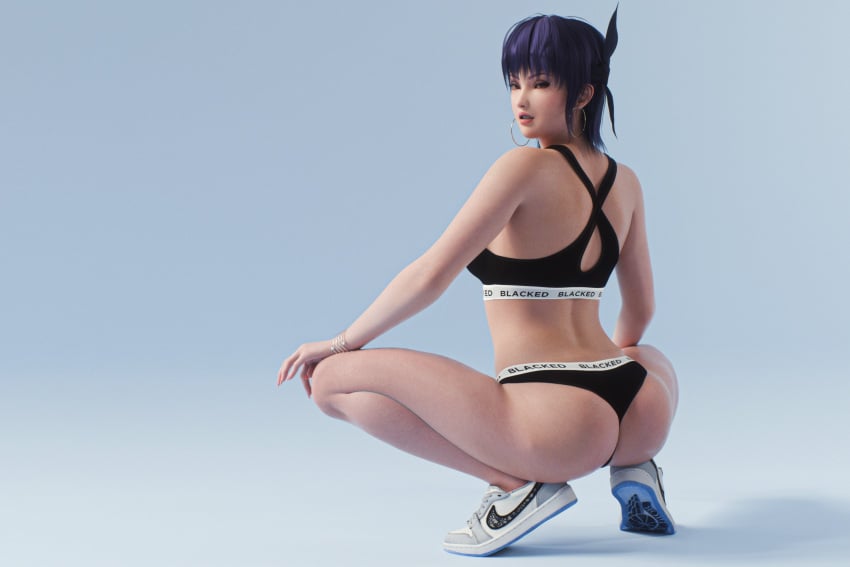 1girls 3d ayane_(doa) blacked blacked_clothing bracelet dead_or_alive earrings female female_focus female_only hoop_earrings jewelry koei_tecmo looking_at_viewer looking_back nike nike_logo nynx partially_clothed purple_hair queen_of_spades shoes sneakers solo solo_female solo_focus sportswear squatting textless underwear