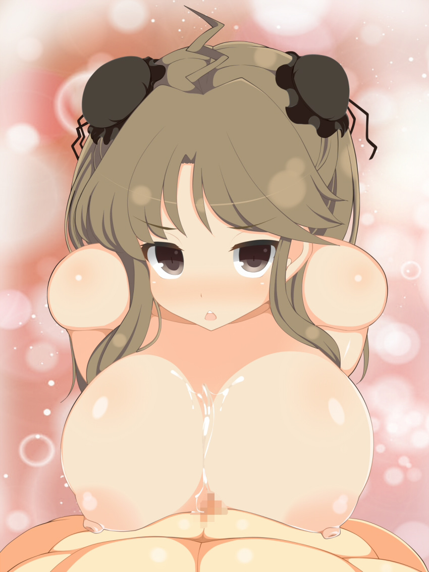 areolae black_eyes blush breasts brown_hair censored cum cum_on_breasts cum_on_upper_body double_bun female highres huge_breasts joutarou long_hair looking_at_viewer mosaic_censoring nipples nude open_mouth paizuri penis renka_(senran_kagura) senran_kagura shiny shiny_skin simple_background solo_focus