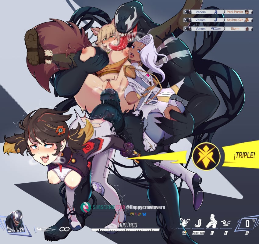 1boy 3girls absurdres black_hair blonde_streaks boots breasts brown_hair defeat from_behind gameplay_mechanics grabbing_another's_ass grabbing_another's_breast grabbing_from_behind groping happycrowtavern highres large_breasts long_tongue marvel marvel_rivals mecha_pilot_suit multiple_girls nipples peni_parker red_streaks sex skin_tight squirrel_girl_(marvel) storm_(x-men) straight tongue venom_(marvel) white_hair