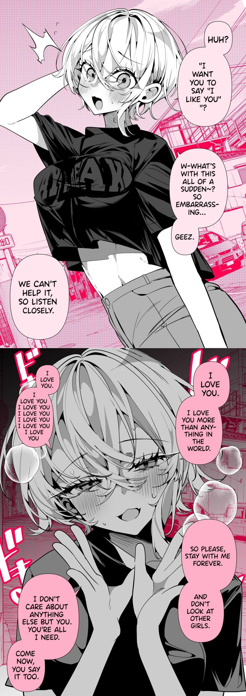 1girls a_boyish_girlfriend_in_high_humidity belly_button blush breasts clothed crop_top dialogue english_text fangs female_focus first_person_view manga navel open_mouth original original_character ouchi_kaeru pink_background pov short_hair solo solo_focus steam sweat translated