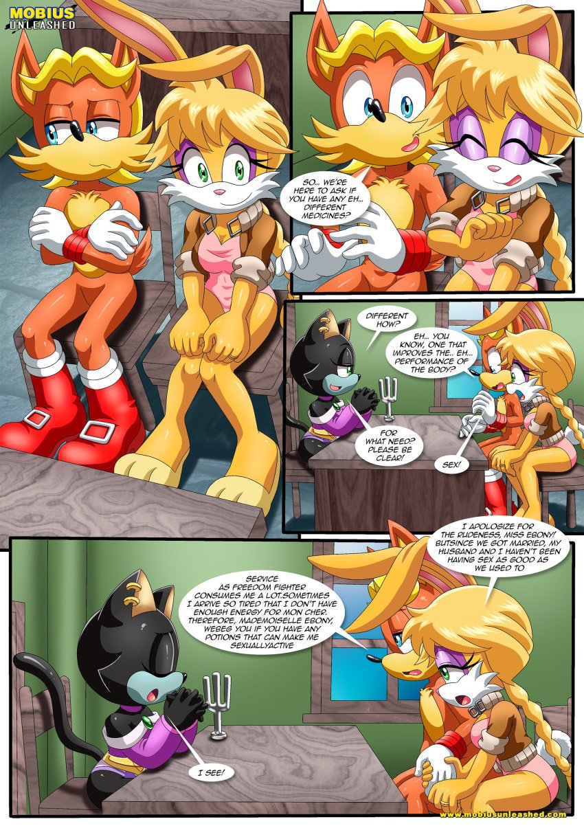 1boy 2girls anthro antoine_d'coolette bbmbbf bunnie_rabbot comic ebony_the_cat female how_many_times_per_day_(comic) male mobius_unleashed palcomix sega sonic_(series) sonic_the_hedgehog_(series)