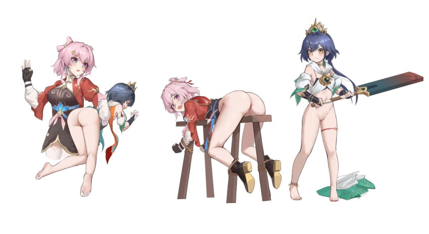 2girls age_difference amulet anklet anus ass attack_of_the_hatogod bare_shoulders black_footwear blue_hair blush bondage bondage bottomless bound breasts brown_eyes cleft_of_venus crown feet fingerless_gloves full_body gloves groin hair_ornament hand_up holding holding_sword holding_weapon honkai:_star_rail honkai_(series) humiliation imminent_spanking jewelry kneepits large_breasts march_7th_(honkai:_star_rail) medium_hair multiple_girls multiple_views navel open_mouth petite pink_hair pussy red_eyes restrained role_reversal scared small_breasts sword thigh_strap thighhighs thighs toenails weapon white_background white_thighhighs yunli_(honkai:_star_rail) zettai_ryouiki