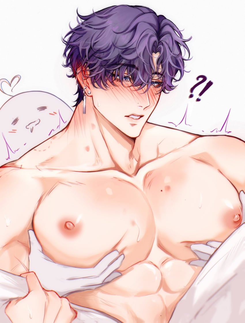 1boy bite bite_mark blush blush_lines colored grabbing_breasts hickey hickey_marks holding_breast kinzlev love_and_deep_space male male_breasts male_focus mole muscular muscular_male nipples purple_hair rafayel_(love_and_deep_space) solo_focus squeezing squeezing_breast sweat sweatdrop upper_body