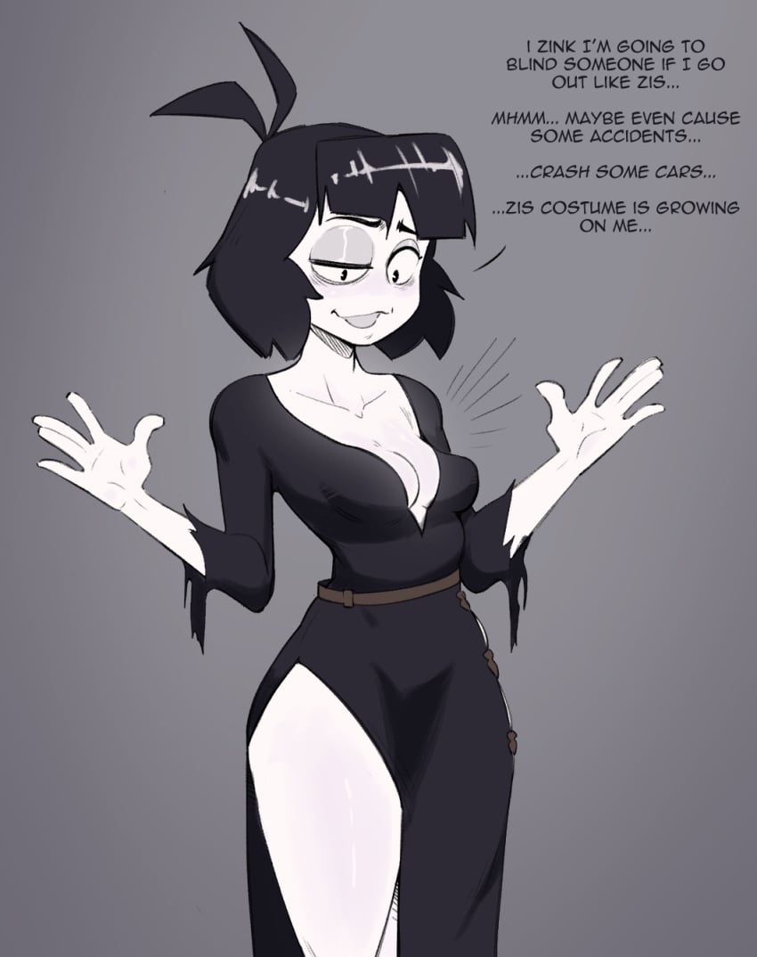 black_dress black_hair breasts cleavage cleavage_cutout color creepy_susie demidoggo dress elvira:_mistress_of_the_dark female french_accent goth goth_girl pale-skinned_female side_slit skinny slit_dress solo solo_female solo_focus text the_oblongs thin_waist white_skin