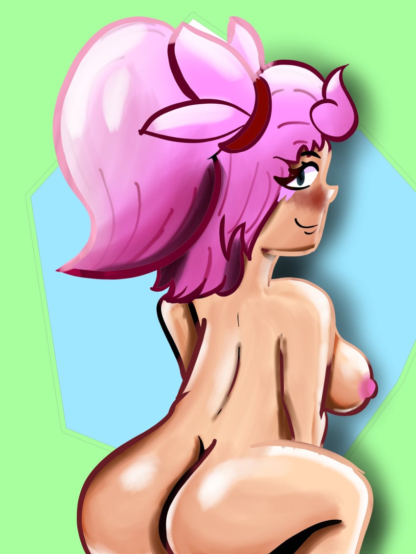 ass ass_focus big_ass big_breasts blush blush brawl_stars itsbh janet_(brawl_stars) looking_back pink_hair ponytail sitting supercell voluptuous voluptuous_female