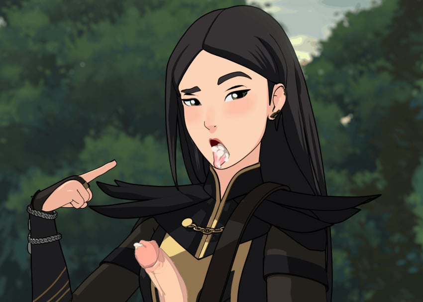 1boy 1girls after_fellatio black_dress black_hair blowjob callum_(the_dragon_prince) claudia_(the_dragon_prince) cum cum_inside cum_inside_mouth cum_on_face green_eyes long_hair netflix penis pointing pointing_at_self straight the_dragon_prince tongue tongue_out