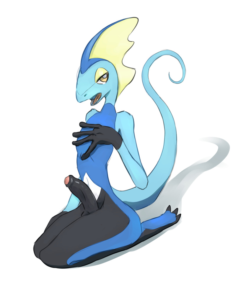 absurd_res anthro blue_body digital_media_(artwork) generation_8_pokemon genitals half-closed_eyes hand_on_chest hi_res inteleon katla_(artist) kneeling looking_at_viewer male narrowed_eyes nintendo nude open_mouth penis pokemon pokemon_(species) simple_background solo tail