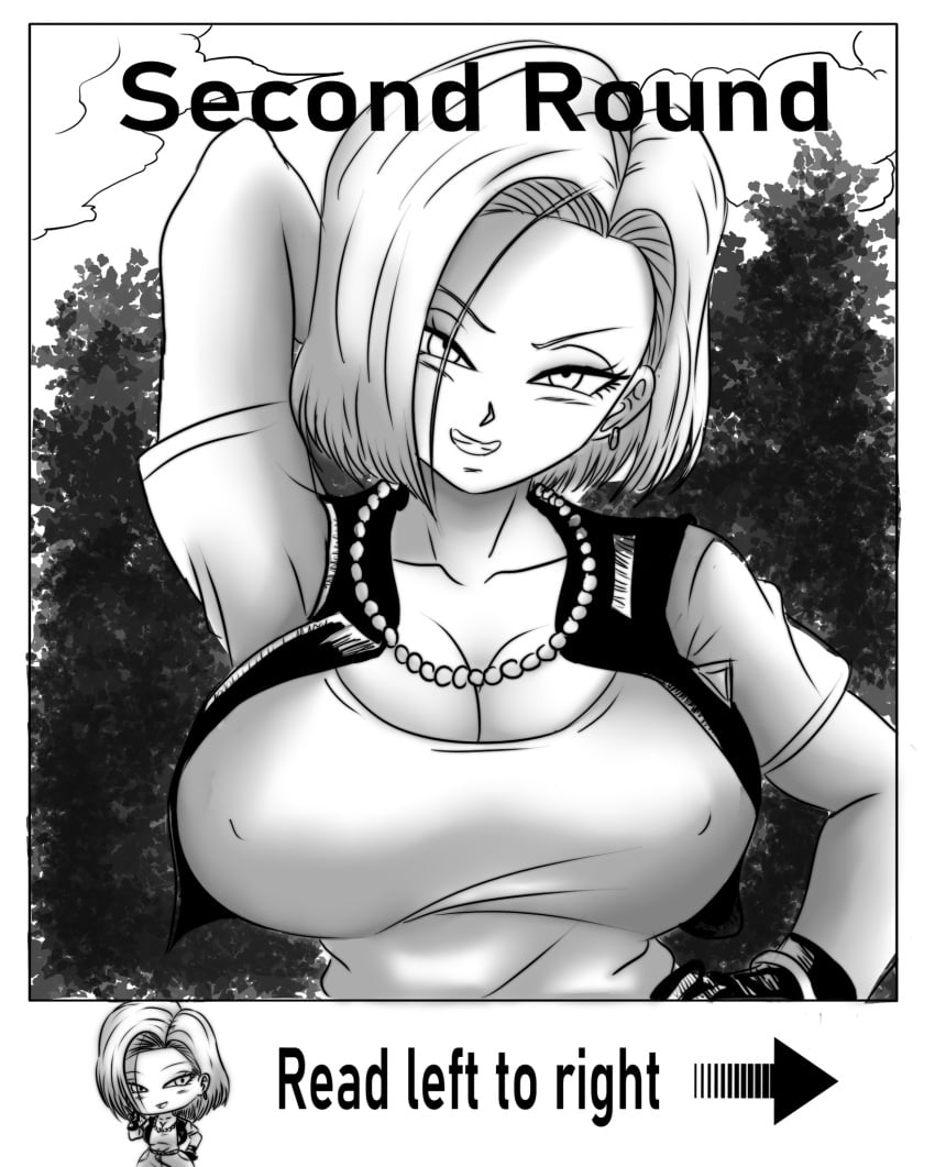 android_18 breasts dragon_ball dragon_ball_z earrings female female_pervert large_breasts nipples pervert sex_invitation sexually_suggestive short_hair smile solo