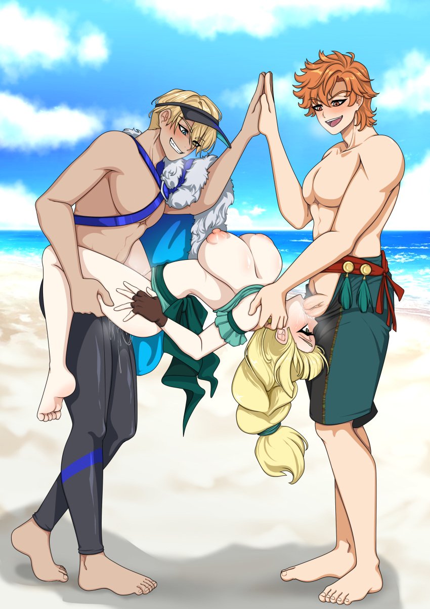 1girls 2boys 2boys1girl alternate_costume beach blonde_hair blowjob blue_eyes blush braid braided_hair braided_ponytail breasts breasts_out dimitri_alexandre_blaiddyd dimitri_alexandre_blaiddyd_(summer) double_penetration eiffel_tower eiffel_tower_position fellatio female female_penetrated fire_emblem fire_emblem:_three_houses fire_emblem_heroes full_color green_eyes grin high_five ingrid_brandl_galatea ingrid_brandl_galatea_(summer) intelligent_systems male male/female male_penetrating male_penetrating_female male_swimwear mmf_threesome nintendo official_alternate_costume oral orange_eyes orange_hair outdoors sex smile spitroast swimming_trunks swimsuit swimwear sylvain_jose_gautier sylvain_jose_gautier_(summer) the_dark_mangaka third_party_edit topless topless_male wetsuit