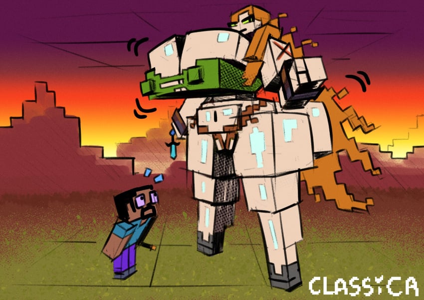 1boy 1boy1girl 1girls alex_(minecraft) arm_scar classica_p cleavage crop_top cube_head cubic_breasts gigantic_ass gigantic_breasts ginger huge_ass huge_breasts long_hair minecraft nipple_bulge shoulder_scar size_difference steve_(minecraft) taller_female taller_girl thick_thighs very_long_hair