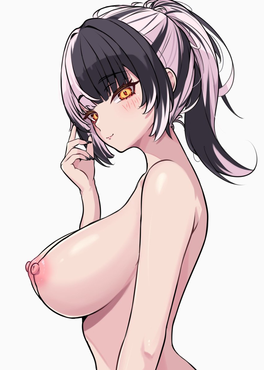 1girls areolae big_breasts black_hair breasts coubalty female female_only hololive hololive_english hololive_english_-advent- large_breasts light-skinned_female light_skin multicolored_hair nipples shiori_novella side_view sideboob solo tied_hair upper_body virtual_youtuber white_background white_hair