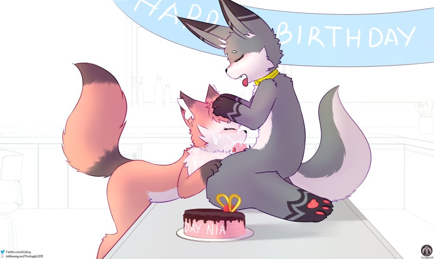 absurd_res anthro bodily_fluids canid canine cum cum_on_face duo fellatio female food fox genital_fluids happy_birthday hi_res knot male male/female mammal nia_(senz) oral pastry penile pie sean_(senz) senz sex simple_background text url white_background