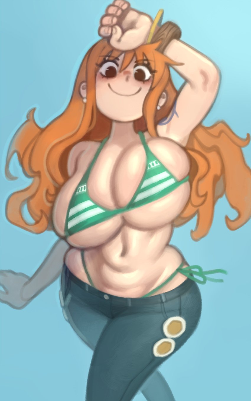 1girls bikini_top breasts curvy curvy_figure female female_only hi_res huge_breasts jeans kelvin_hiu nami one_piece orange_hair portrait post-timeskip solo standing wide_hips