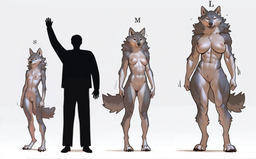 2024 abs ai_assisted anthro athletic big_breasts body_size_growth bored breast_expansion breasts chart comparing expansion female fur fur_collar furry genitals grey_body grey_fur growth hi_res large_breasts medium_breasts multiple_angles muscle_growth muscular muscular_female pussy silhouette simple_background size_difference size_transformation slim small_breasts smile solo standing text transformation wheel_of_fortune_(director) white_background wolf