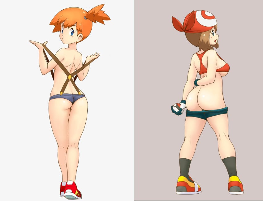 2girls arm_behind_back ass back bandana bike_shorts black_shorts black_socks blue_eyes blue_shorts breasts brown_hair butt_crack clothes_pull creatures_(company) from_behind full_body game_freak gloves grey_background hair_tie highres holding holding_poke_ball kasumi_(pokemon) kasumi_(pokemon) kneepits looking_at_viewer looking_back may_(pokemon) medium_breasts micro_shorts multicolored_footwear navel nintendo no_shirt one_side_up orange_hair parted_lips poke_ball poke_ball_(basic) poke_ball_symbol pokemon pokemon_(anime) pokemon_(classic_anime) pokemon_rse red_bandana red_footwear red_sports_bra shoes short_hair short_shorts shorts shorts_pull shoulder_blades sideboob simple_background skindentation small_breasts sneakers socks solo sports_bra standing suspender_shorts suspenders suspenders_slip tof white_gloves yellow_footwear