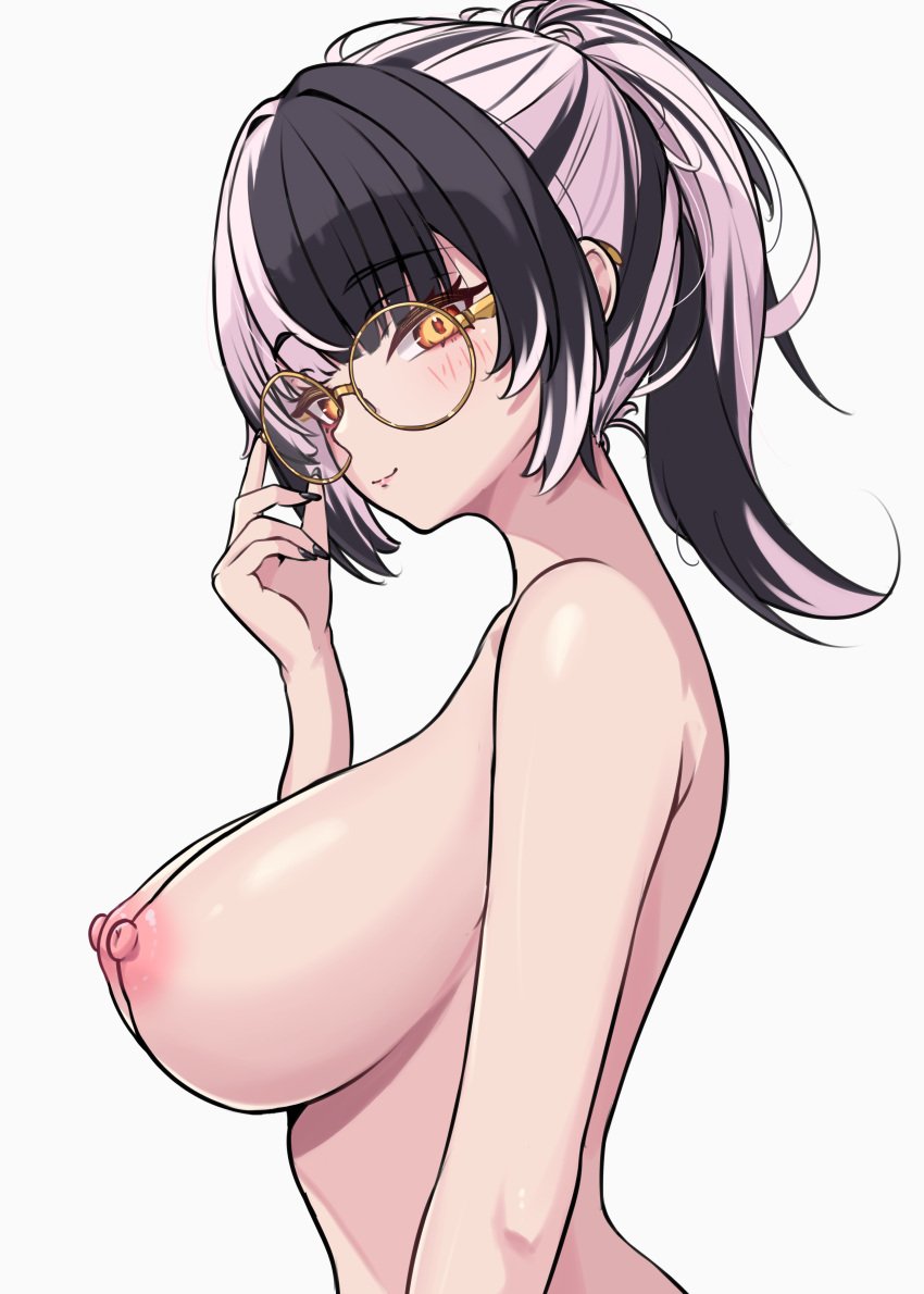 1girls areolae big_breasts black_hair breasts coubalty female female_only hololive hololive_english hololive_english_-advent- large_breasts light-skinned_female light_skin multicolored_hair nipples shiori_novella side_view sideboob solo tied_hair upper_body virtual_youtuber white_background white_hair