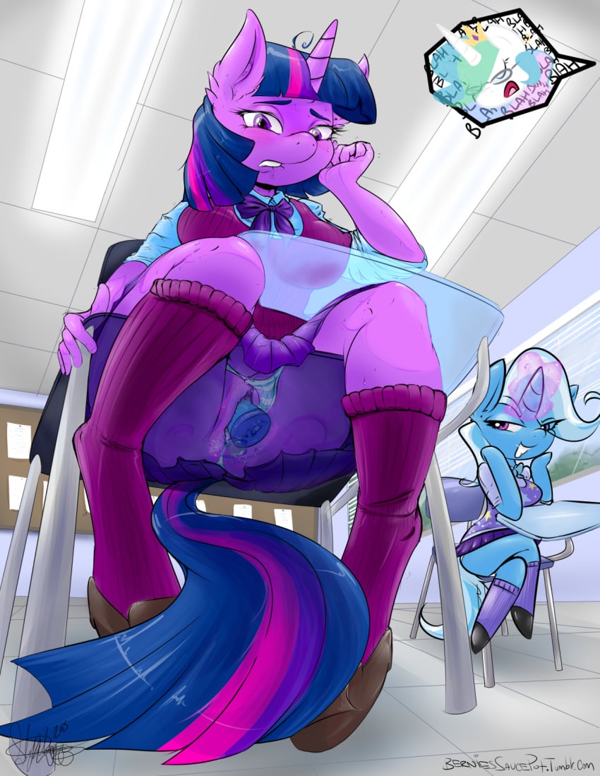 2015 anthro berndem-bones big_breasts blush chair clothing dildo equine female footwear friendship_is_magic grin hooves horn insertion legwear magic mammal my_little_pony panties penetration princess_celestia_(mlp) pussy school sex_toy shirt shoes skirt socks sweat trixie_(mlp) twilight_sparkle_(mlp) underwear unicorn vaginal_insertion vaginal_penetration