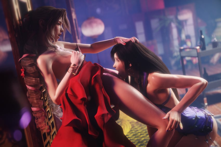 2girls 3d absurdres aerith_gainsborough against_wall black_hair blurry_background bracelet brown_hair clothes_lift cunnilingus dress dress_lift drill_hair eye_contact final_fantasy final_fantasy_vii final_fantasy_vii_remake flower grabbing_own_breast hair_flower hair_ornament hair_ribbon hand_on_another's_head highres jewelry leaning_back licking_pussy looking_at_another multiple_girls official_alternate_costume oral pubic_hair purple_dress pussy red_dress ribbon son_umbasa tifa_lockhart tifa_lockhart_(refined_dress) yuri