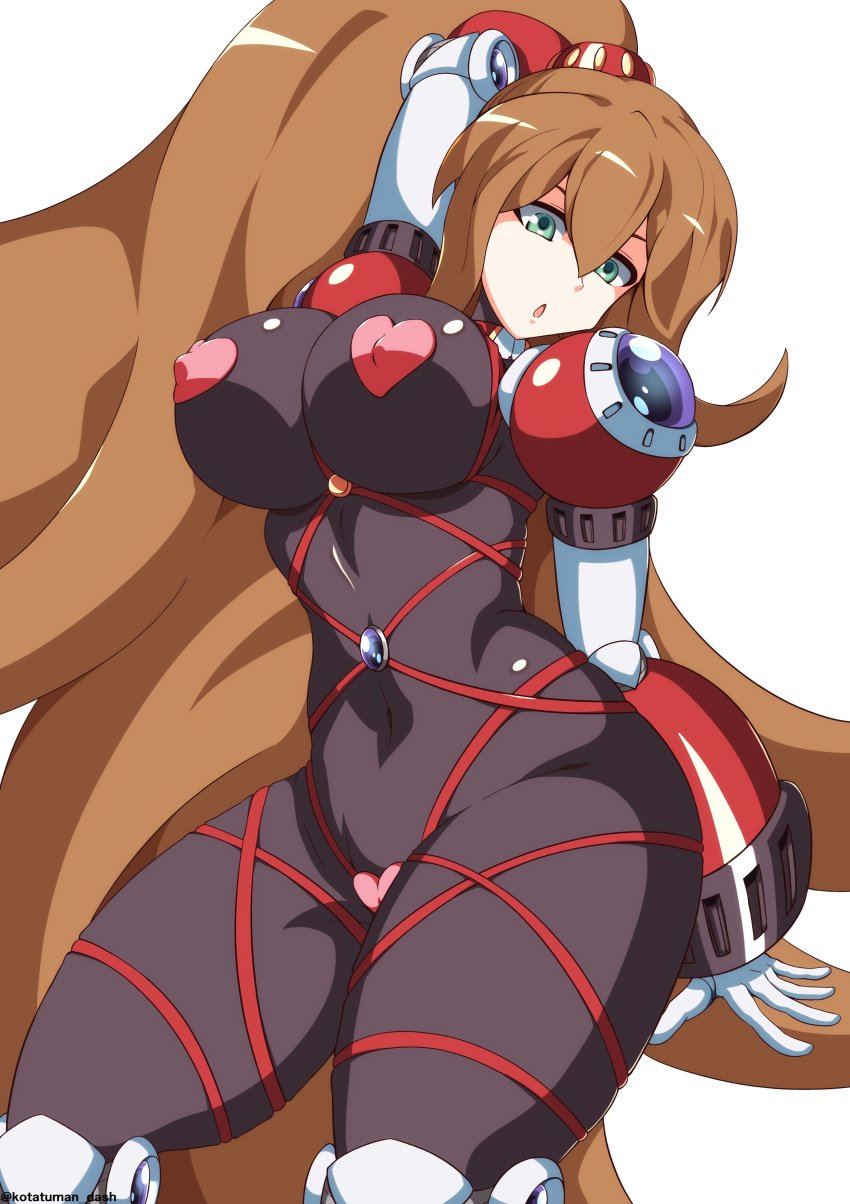 armor black_armor black_bodysuit blue_jewel bodysuit bondage bondage_gear bondage_harness brown_hair brown_ponytail capcom eyes_open fair_skin green_eyes hand_behind_head harness heart_pasties iris_(mega_man) iris_-another-_(mega_man) kotatuman_dash long_hair mega_man mega_man_x mega_man_x_dive no_background open_mouth partial_armor partially_clothed pasties ponytail red_armor white_armor