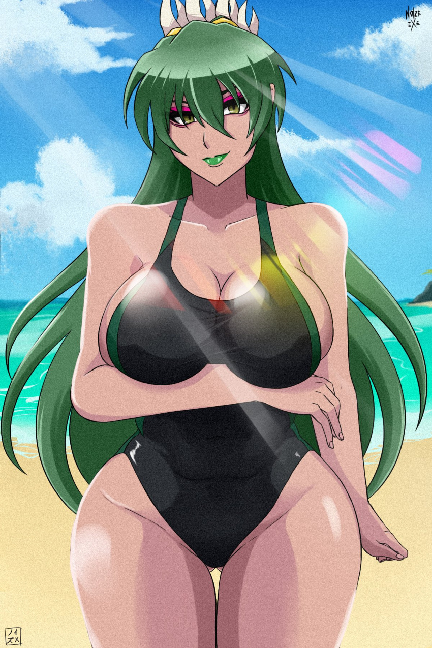 big_breasts curvy dark_skin fukua_(skullgirls) noize.exe skullgirls swimsuit thick_thighs