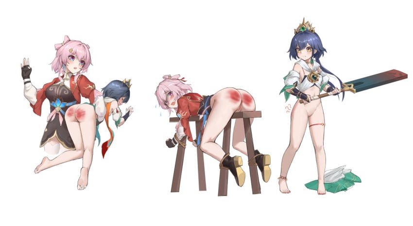 2girls age_difference amulet anklet anus ass attack_of_the_hatogod bare_shoulders black_footwear blue_hair blush bondage bondage bottomless bound breasts brown_eyes cleft_of_venus crown feet fingerless_gloves full_body gloves groin hair_ornament hand_up holding holding_sword holding_weapon honkai:_star_rail honkai_(series) humiliation jewelry kneepits large_breasts march_7th_(honkai:_star_rail) medium_hair multiple_girls multiple_views navel open_mouth petite pink_hair pussy red_eyes restrained role_reversal scared small_breasts spanked spanking sword thigh_strap thighhighs thighs toenails weapon white_background white_thighhighs yunli_(honkai:_star_rail) zettai_ryouiki