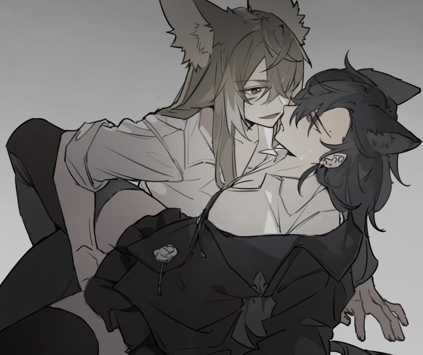 2girls akechi_(826988799) animal_ears arknights black_hair black_jacket black_thighhighs blush breasts brown_hair cleavage collared_shirt eye_contact fingering fox_ears grey_background grey_eyes highres jacket long_hair looking_at_another mole mole_above_eye multiple_girls open_collar open_mouth penance_(arknights) shirt simple_background sleeves_rolled_up smile sweat thighhighs vulpisfoglia_(arknights) white_shirt wolf_ears yuri