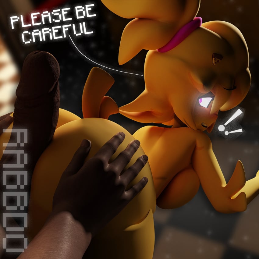 3d animatronic anthro ass ass_grab avian big_ass big_breasts big_butt big_penis bird breasts buttjob chica_(cally3d) chica_(fnaf) chicken dialogue digital_media_(artwork) duo erection exclamation_point female five_nights_at_freddy's fredina's_nightclub galliform gallus_(genus) genitals glowing glowing_eyes hi_res hot_dogging human looking_back machine male male/female mammal penis phasianid pink_eyes rabbdo robot scottgames sex