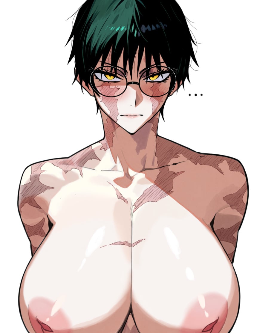 1girls big_breasts breasts burn_scar commission commissioner_upload completely_nude huge_breasts inverted_nipples jujutsu_kaisen large_breasts looking_at_viewer nipples not_ai_generated nude scars scars_all_over short_hair solo solo_focus tomboy white_background zenin_maki