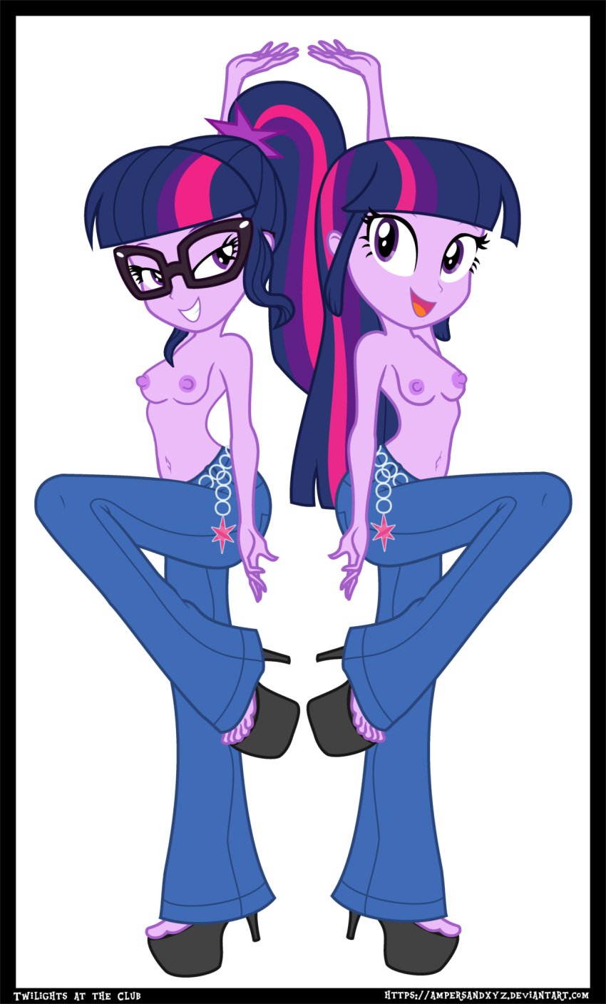 2girls adorable ampersandxyz belly_button breasts cute duo duo_female equestria_girls female female_only friendship_is_magic glasses high_heels jeans my_little_pony nipples pants partially_nude sci-twi show_accurate show_accurate_porn topless twilight_sparkle_(eg) twilight_sparkle_(mlp)