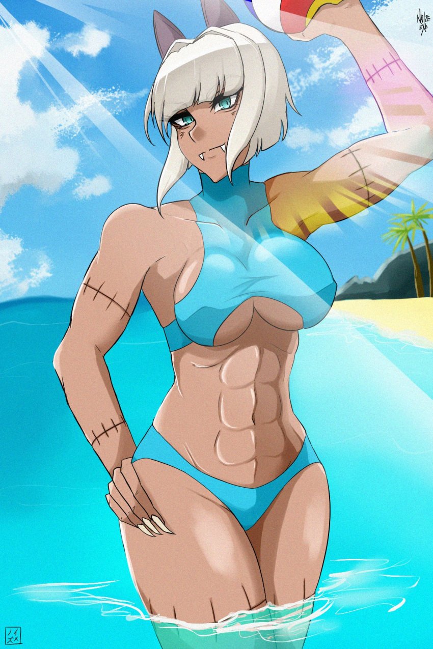 1female 1girls abs beach big_breasts bikini fit_female muscular_female nadia_fortune noize.exe scar skullgirls solo swimsuit thick_thighs