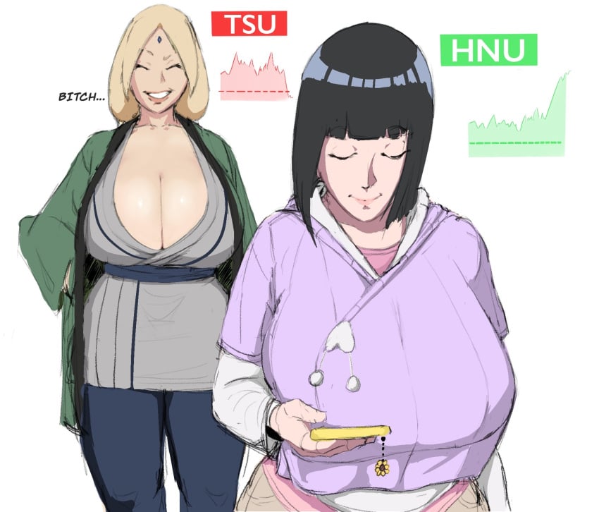 2girls alternate_breast_size big_breasts blonde_hair boobs boruto:_naruto_next_generations breasts cleavage envy female_only huge_breasts hyuuga_hinata large_breasts mature_female milf naruto naruto_(series) plump shounen_jump tsunade zetomeso