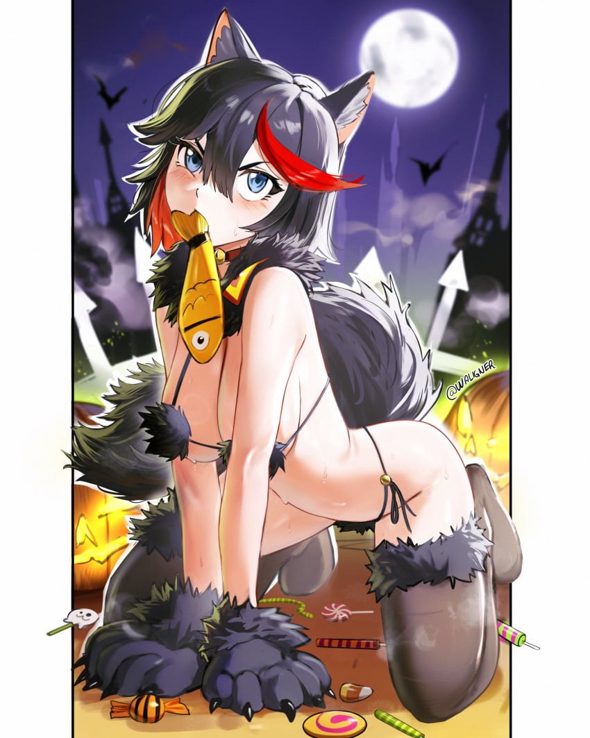 big_breasts bikini black_hair blue_eyes breasts cat_ears cat_tail catgirl female female_only halloween halloween_costume kill_la_kill matoi_ryuuko short_hair thighs tomboy waligner