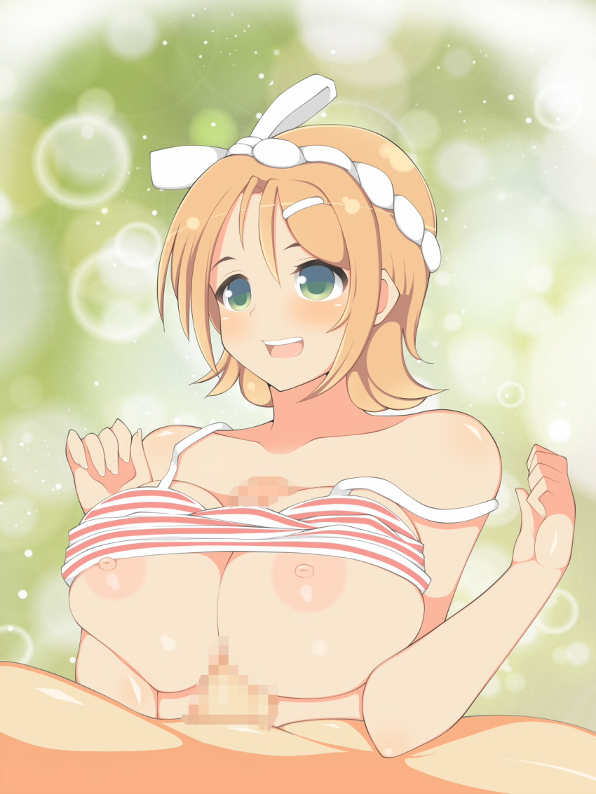 areolae bikini bikini_lift bikini_top blonde_hair blush breast_squeeze breasts censored clothed_female_nude_male female green_eyes hanabi_(senran_kagura) highres huge_breasts joutarou looking_away mosaic_censoring nipples paizuri penis senran_kagura shiny shiny_skin short_hair simple_background smile solo_focus striped_bikini