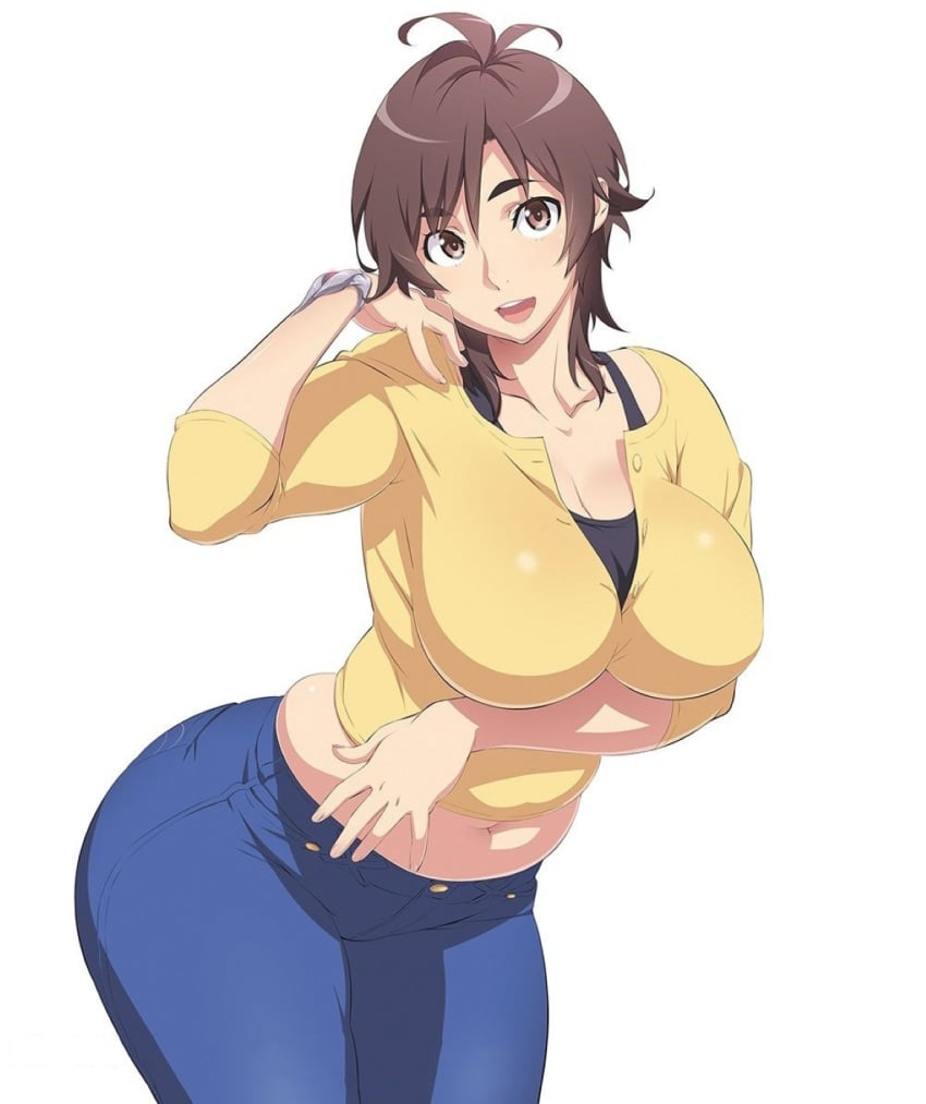 antenna_hair big_breasts bracelet breasts brown_eyes brown_hair chubby_female cleavage cowboy_shot female hand_on_own_shoulder jeans jewelry large_breasts looking_at_viewer masane_amaha muffin_top official_art open_mouth pants plump smile solo taut_clothes thick_eyebrows third-party_edit uno_makoto white_background witchblade