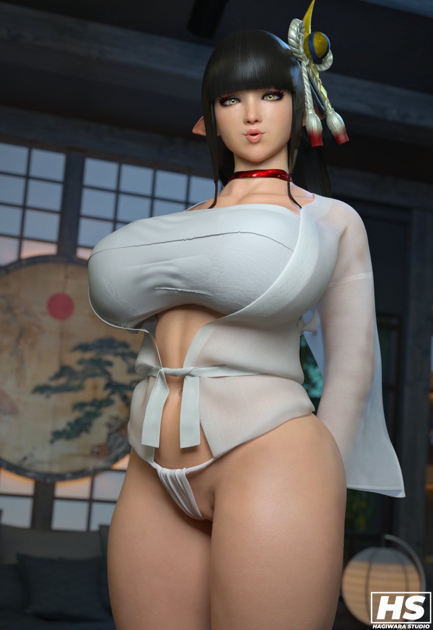 1girls 3d black_hair breasts capcom female fundoshi hagiwara_studio hime_cut hinoa huge_breasts long_hair monster_hunter monster_hunter_rise pointy_ears shrine_maiden tagme wyverian