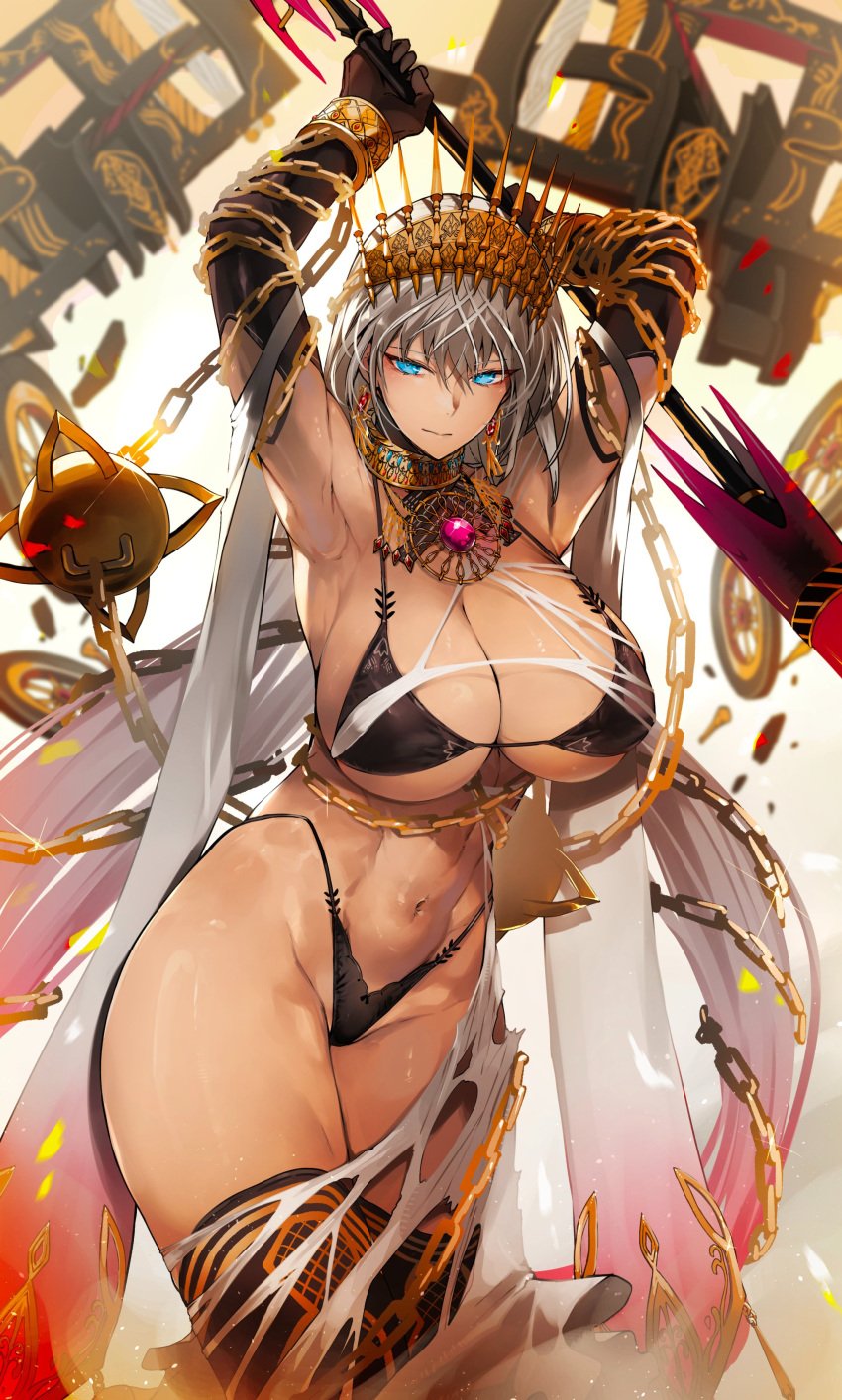 abs armpits arms_up ass_visible_through_thighs bare_shoulders belly_button bikini black_bikini black_gloves black_thighhighs blue_eyes breasts chains cleavage collar curvy dark-skinned_female earrings elbow_gloves fate/grand_order fate_(series) female gloves grey_hair highleg highleg_bikini highleg_panties huge_breasts jewelry nishiide_kengorou panties sideboob spear tan thick_thighs thighhighs thighs underboob underwear zenobia_(fate)