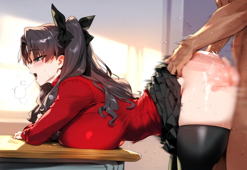 1boy 1girls ai_generated aipandart big_breasts blush breath censored cheating dark-skinned_male dark_skin fate/stay_night fate_(series) heavy_breathing light-skinned_female light_skin pressing_breasts sex sex_from_behind thick_thighs tohsaka_rin