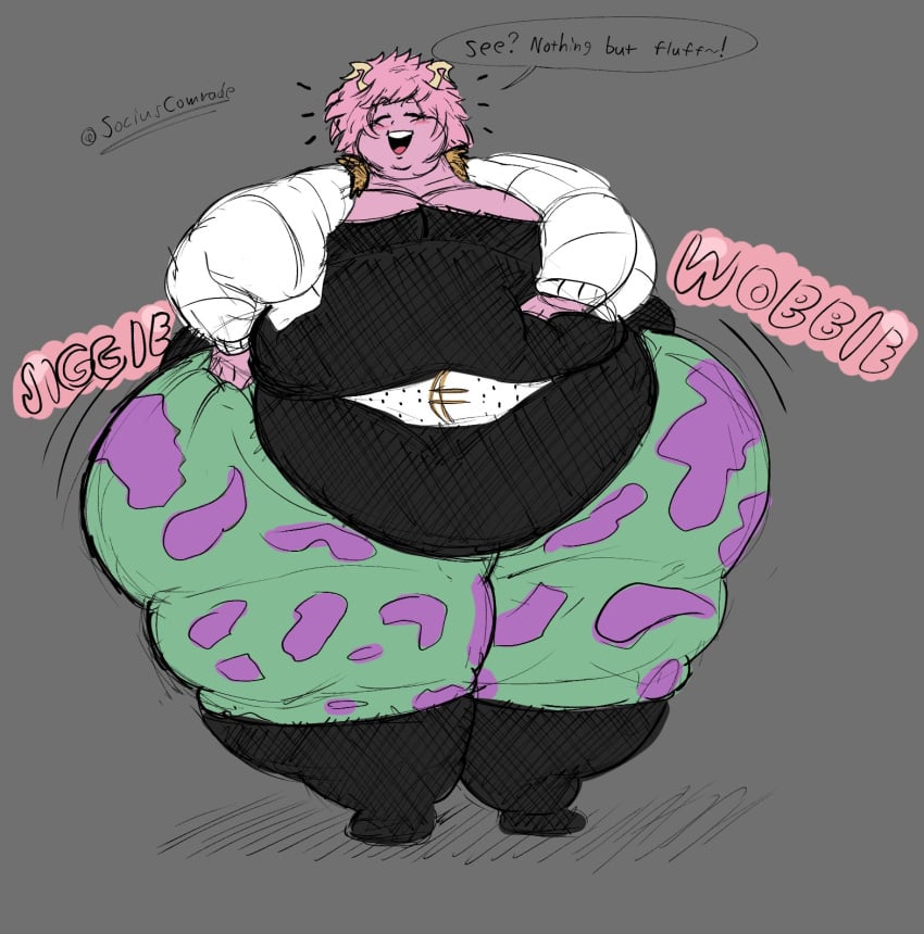 ashido_mina big_belly big_breasts big_butt black_boots black_shirt boku_no_hero_academia camo_print dialogue double_chin fat fat_face fat_folds flabby_arms flabby_legs green_pants hand_on_belly hand_on_hip horns jiggle jiggling mina_ashido motion_lines my_hero_academia obese obese_female obese_humanoid overweight overweight_female overweight_humanoid pink_hair pink_skin purple_spots sociuscomrade thick_thighs white_belt white_jacket wide_hips wobble wobbling