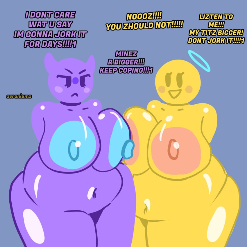 2girls angel_and_devil anthro anthrofied brainrot cringe devil devil_emoji emoji emoji_(race) emojification purple_body purple_skin text touching_breast what yellow_body yellow_skin zeraniumz