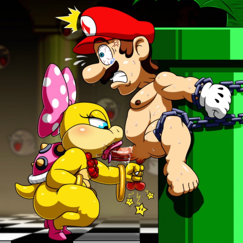 :>= boo_(mario) cock_and_ball_torture female femdom human lawgick male mario mario_(series) nintendo piranha_plant straight super_mario_bros. tagme testicles tongue_out_blowjob torture warp_pipe wendy_o._koopa