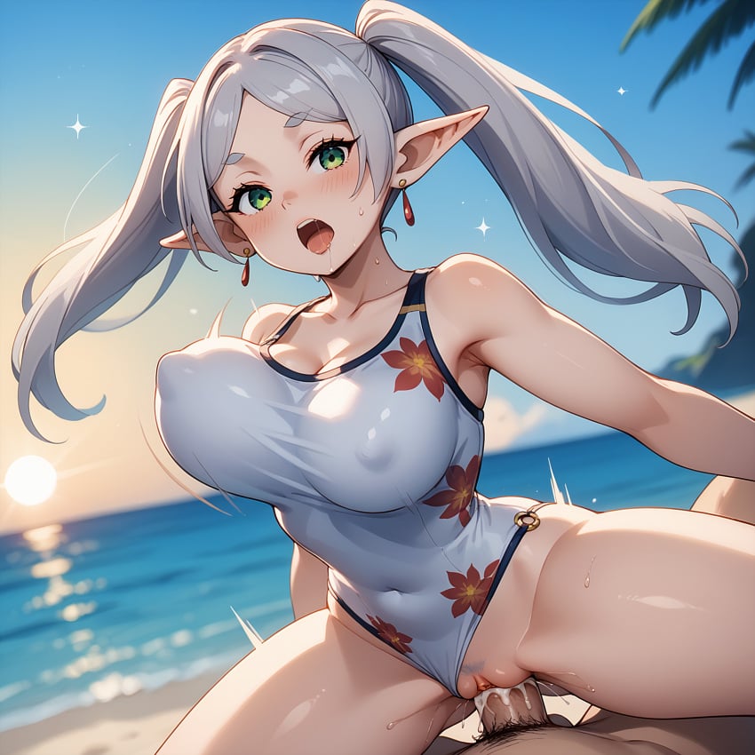 ai_generated beach bouncing_breasts cum_in_pussy erect_nipples frieren frieren_beyond_journey's_end large_breasts looking_at_viewer orgasm payop pony_diffusion_xl sousou_no_frieren swimsuit vaginal_sex