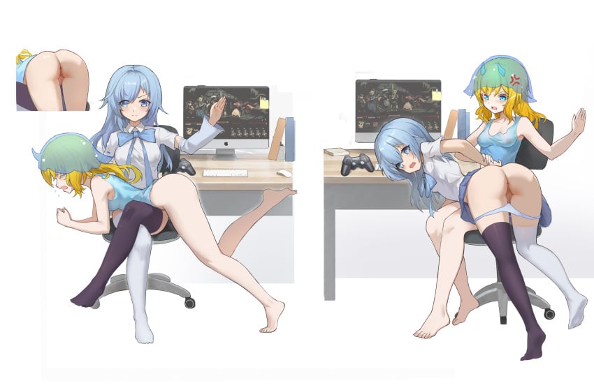 2girls absurdres anger_vein anus aqua_eyes ass attack_of_the_hatogod black_thighhighs blonde_hair blue_eyes blue_hair blue_ribbon breasts clothes_lift computer_keyboard controller covered_nipples detached_sleeves feet game_controller gamepad hand_up highres imminent_spanking long_hair medium_breasts medium_hair monitor multiple_girls on_chair original over_the_knee panties panty_pull pussy ribbon role_reversal skirt skirt_lift thighhighs toenails underwear white_thighhighs