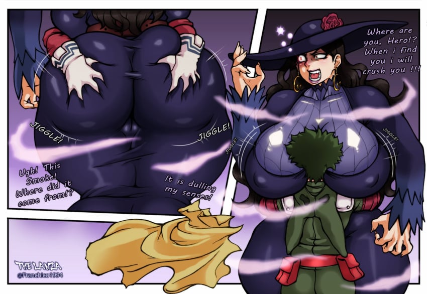 1boy 1girls artist_name breasts_bigger_than_head clueless deborah_gorrini franchico1994 fully_clothed_female fully_clothed_male grabbing_ass hands_around_waist izuku_midoriya izuku_midoriya_(hero_outfit) large_ass large_breasts my_hero_academia my_hero_academia:_you're_next nipple_outline oblivious older_woman_and_younger_boy pussy_outline rendered shorter_male speech taller_female unaware