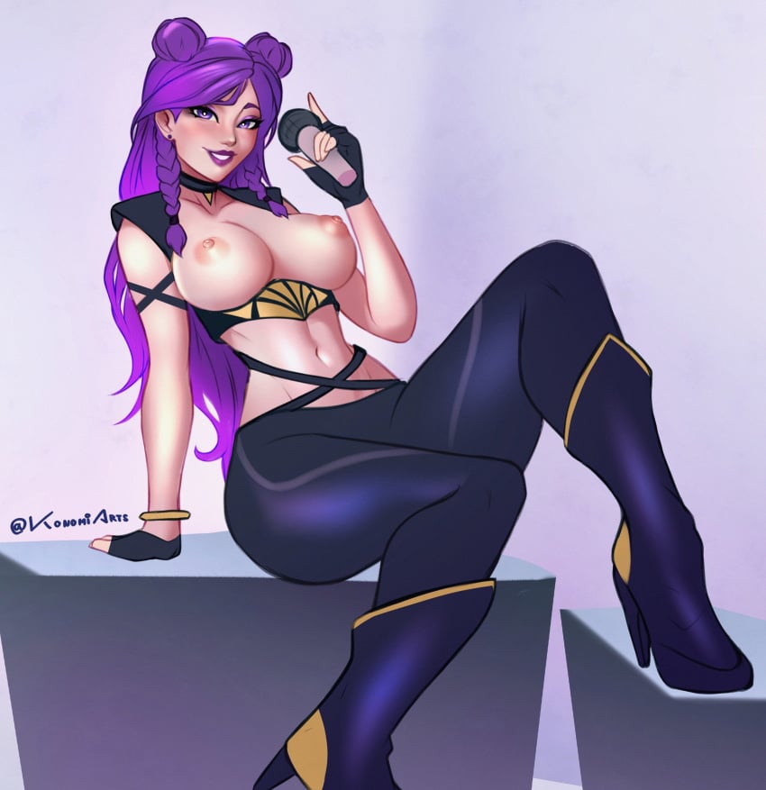 absurdres bracelet braid breasts choker cleavage double_bun eyeshadow female hair_bun highres holding holding_microphone jewelry k/da_kai'sa k/da_series kai'sa konomidraw large_breasts league_of_legends long_hair looking_at_viewer makeup microphone navel nipples pants purple_eyes purple_eyeshadow purple_hair simple_background smile solo toned_female twin_braids twitter_username