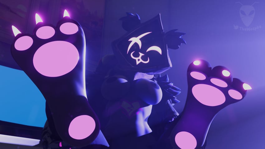 absurd_res anthro bear breasts claws curling_toes epic_games feet female foot_fetish fortnite fur genitals glowing glowing_eyes glowing_genitalia glowing_toenails hi_res hood looking_at_viewer mammal nipples pawpads paws penis purple_body purple_fur purple_skin raven_team_leader solo toe_claws toes wasplit