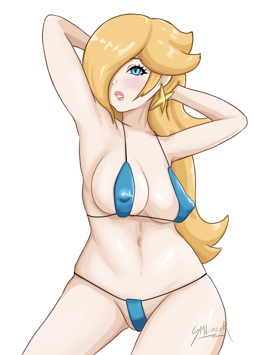 arms_behind_head artist_signature bikini blonde_female blonde_hair blonde_hair_female digital_media earings erect_nipples female female_focus highres human human_female princess_rosalina rosalina signature small_bikini smlazer_art solo solo_female solo_focus tagme white_background