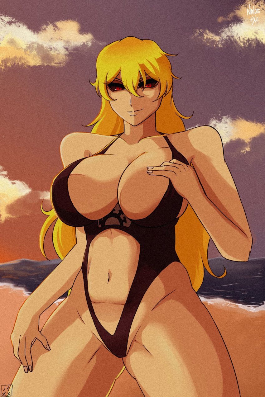 1female 1girls beach big_breasts bikini double_(skullgirls) fit_female noize.exe skullgirls swimsuit thick_thighs