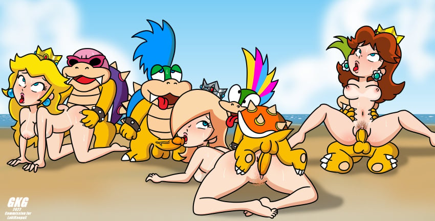 3girls 4boys accurate_art_style beach colored_pubic_hair doggy_style fucked_silly gkg iggy_koopa larry_koopa lemmy_koopa mario_(series) nintendo orgy princess_daisy princess_peach princess_rosalina pubic_hair roy_koopa spitroast super_princess_peach